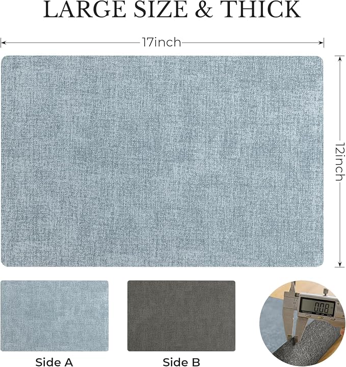 Romanstile Vinyl Placemats Set of 4, Reversible Faux Leather Heat Resistant Wipeable Table Mats, Waterproof Washable Non-Slip Table Placemats for Dining/Kitchen/Outdoor (Grey Sky Blue, 12" x 17") - Image 3