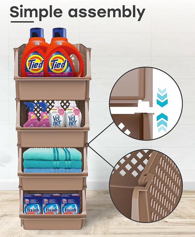 TidyFriend Plastic Stackable Storage Bins for Pantry, 4 Pack Stackable Bins For Organizing Food, Kitchen, and Bathroom Essentials (Brown) | Sturdy Plastic, Easy Stacking, Open Front Access, Ventilated Sides, Vertical & Space Saving Pantry Organizers an... - Image 3