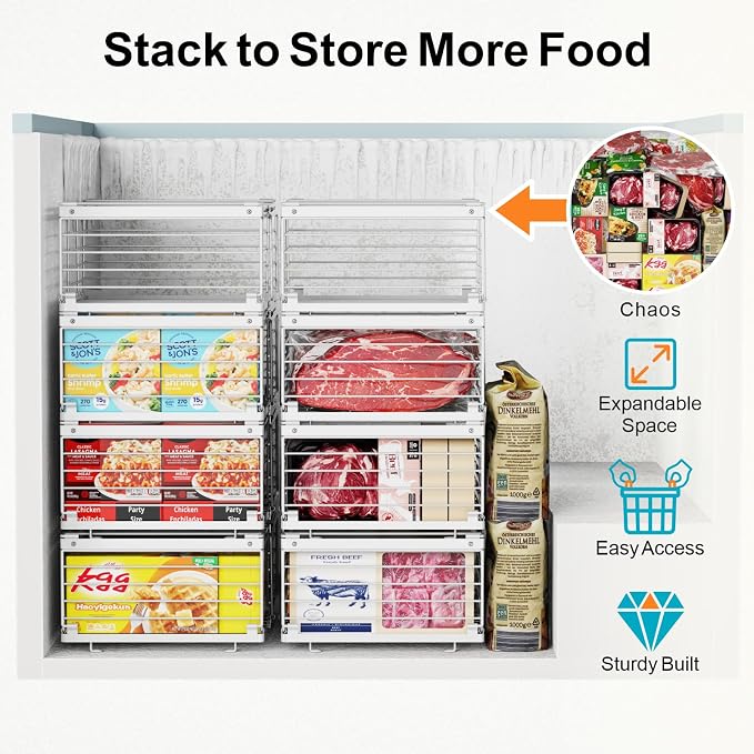 Chest Freezer Organizer - Adjustable Fits Chest Freezer 10-20 Cu Ft | 8 Pack Stackable Wire Baskets, Easy Access & Quick Organization, Sturdy Steel Rack Holds Frozen Meat and Vegetables, White - Image 2
