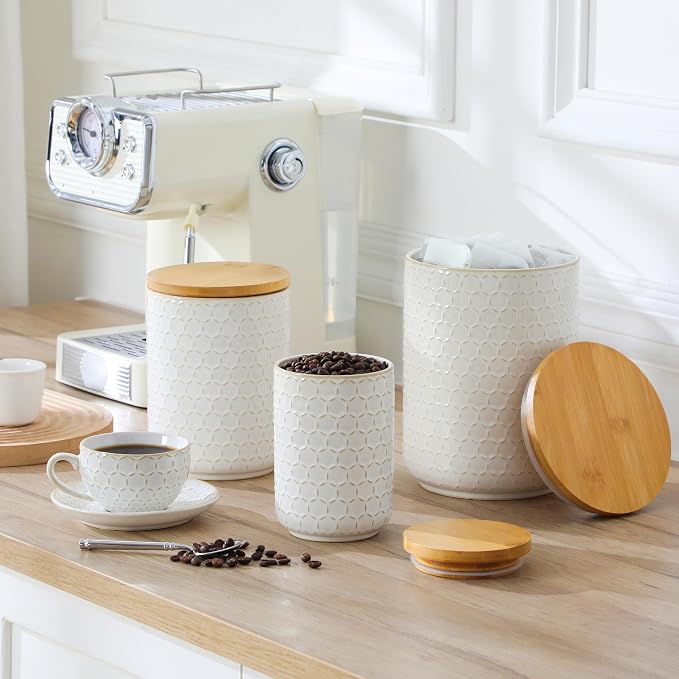 MALACASA LYDIA Ceramic Canisters Set with Airtight Lids, 80/40/20 oz Coffee Canisters Sets for the Kitchen, Large Jars for Flour, Sugar, Pasta, Coffee, Cookies, Tea - Set of 3, Hexagon - Image 2