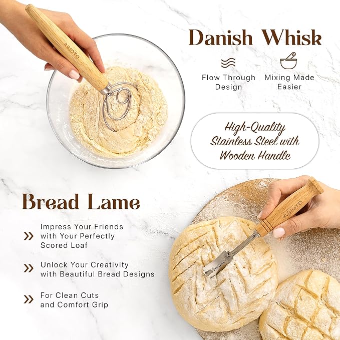 ABIOTO Banneton Baskets with Sourdough Bread Baking Supplies - 17-Piece Kit | Bread Baking Kit for Beginners - Round & Oval Sourdough Proofing Baskets, Liners, Slings, Mat, Lame, Danish Whisk, & Scrapers - Image 5