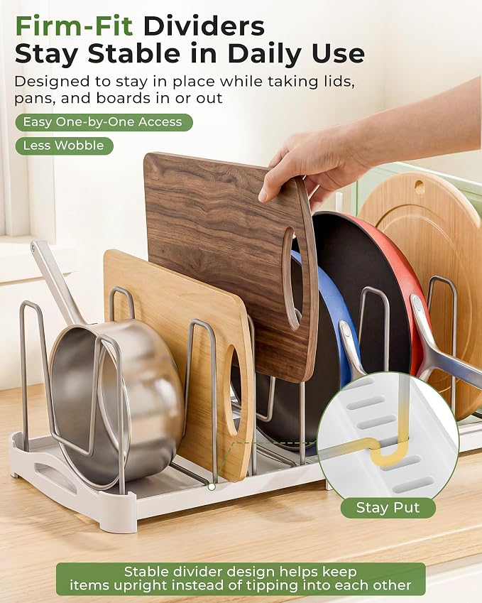 EVERIE Adjustable Cabinet Organizer for Pot Lids, Bakeware, Cookie Sheets & Cutting Boards, Upright Storage Rack for Kitchen Cabinet, Stable Dividers, 9.7" Deep, 12.6" to 21.5" Wide, GS02SS | 5mm Steel Dividers, Anti-Wobble, M-Slot for Lid Handles, BPA... - Image 4