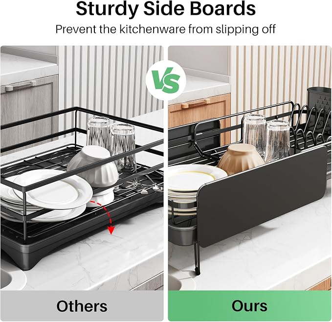 SNTD Large Dish Drying Rack for Kitchen Counter, Expandable, Black | Stainless Steel Dish Drainer, Adjustable Length 18.9''-29.3'', Automatic Drainage, 360° Spout, Cutlery Holder with Knife Slot - Image 5
