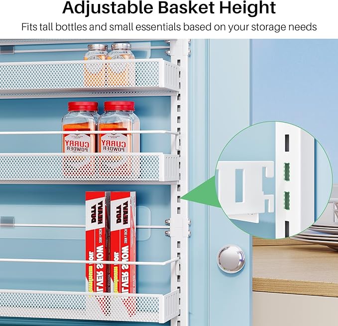 SNTD 8 Tiers Over the Door Organizer, 17" W x 6" D x 69" H, White | Pantry Door Organizers and Storage, Height Adjustable Spice Rack, Dense Mesh Baskets, Anti-Swing, Adjustable Door Fastener - Image 3