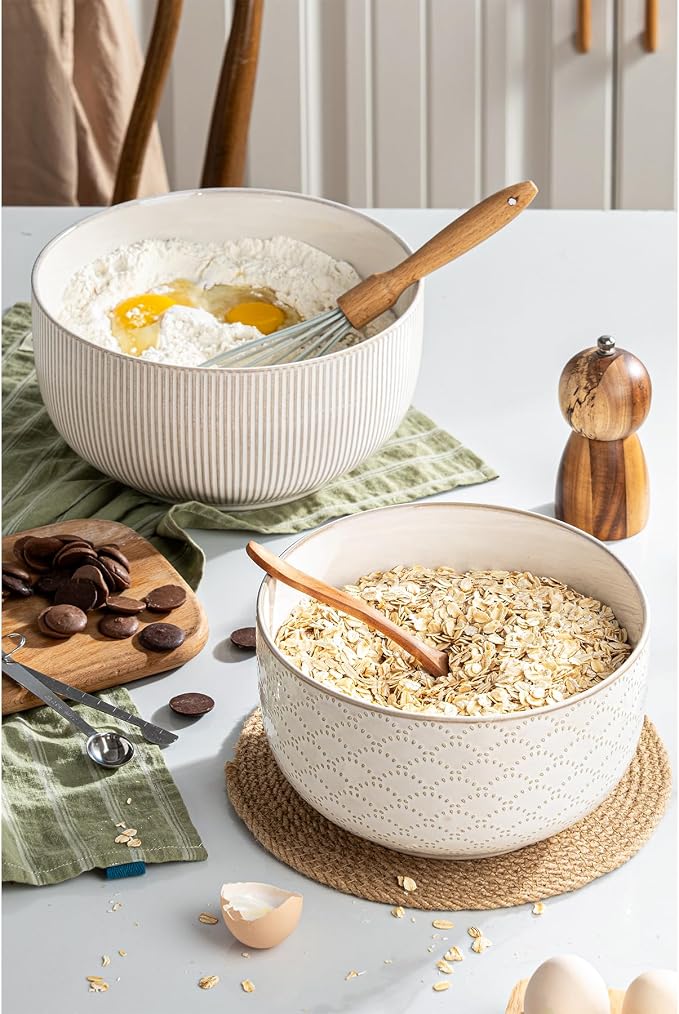 Mikiegy Ceramic Mixing Bowls Set of 2, Nesting Ceramic Embossment Stoneware Mixing Bowls for Cooking, Serving, Popcorn, Salad etc, Microwave & Dishwasher Safe, 98/145 oz, Off-White - Image 5