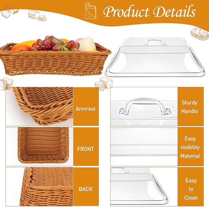 Mumufy 2 Pack Wicker Large Bread Basket with Acrylic Lid Housewarming Gift Woven Rectangular Imitation Rattan Fruit Basket with Cover for Serving Food Display Tabletop Home Kitchen(13.78x9.84'') - Image 4