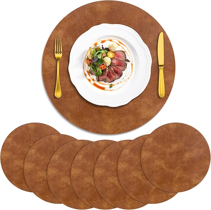 ADRIMER Placemats, Heat Resistant Round Placemats Set of 8 Washable, Waterproof Table Mats, Wipeable Faux Leather Place Mats for Kitchen, Dining Room, Turmeric Brown by Adrimersdreamistobeanindispensablecompanioninyourlife