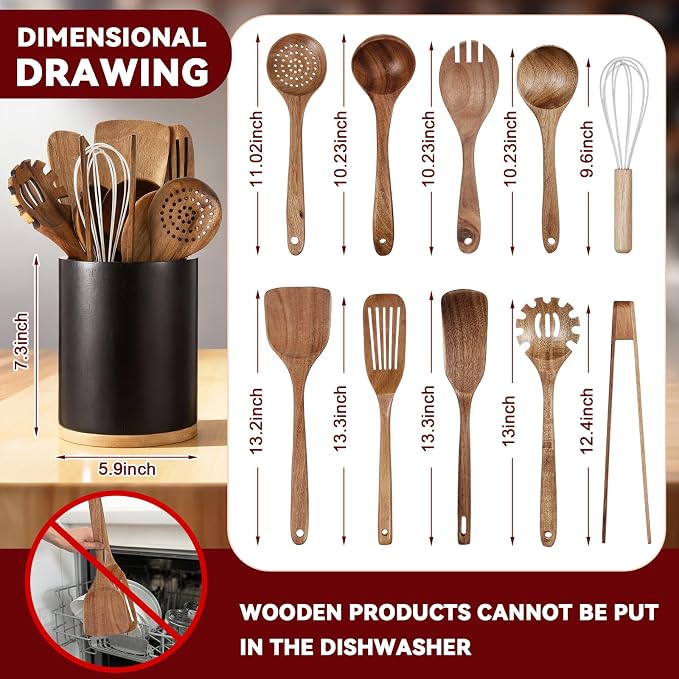 SiliFine 11 Pcs Wooden Kitchen Utensils Set with 360° Rotating Holder Acacia Wood Cooking Utensils with Cooking Spoons Spatulas for Nonstick Cookware Countertop(Straight Wood Holder,Black) - Image 2