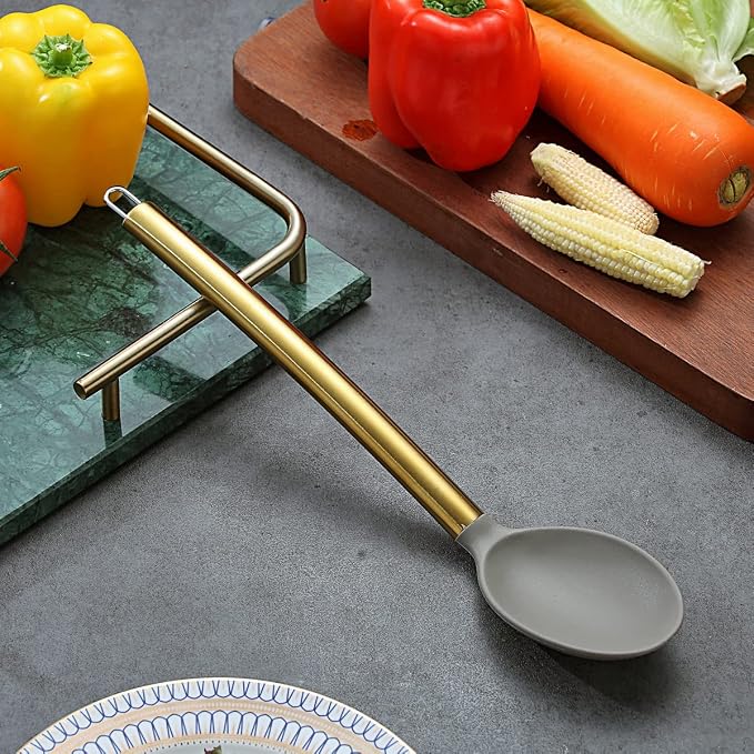 Berglander Non-stick Silicone Solid Serving Spoon, Titanium Gold Plating handle, Basting Spoon, Dishwasher Safe, Easy to Clean - Image 3