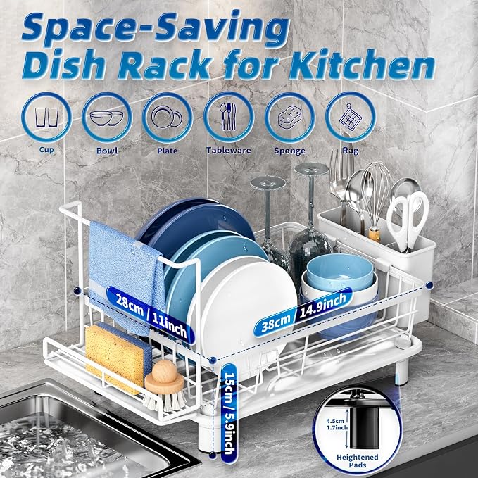 Dish Drying Rack, Stainless Steel-Dish Rack, (white 2 with Sponge Rack) | Dish Racks for Kitchen Counter, Kitchen Dish Drainers with Removable Utensil Holder,New drain outlet, - Image 2