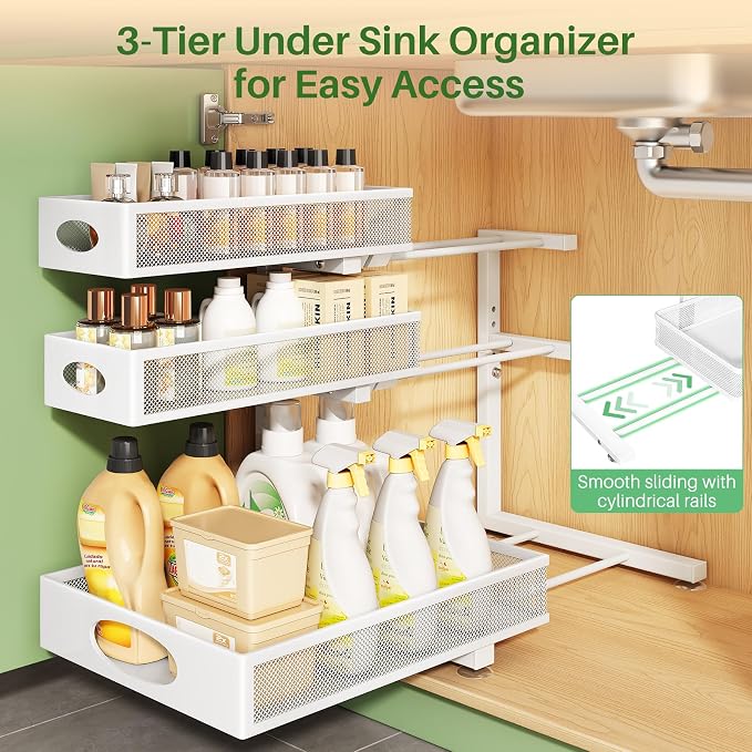 Kitstorack Under Sink Organizer 3-Tier Slide Out Drawer for Bathroom 1-Pack | Height Adjustable, Metal Mesh Storage Rack, Pull out Cabinet Organizer Shelf for Kitchen Pantry Home Laundry Organization - Image 4