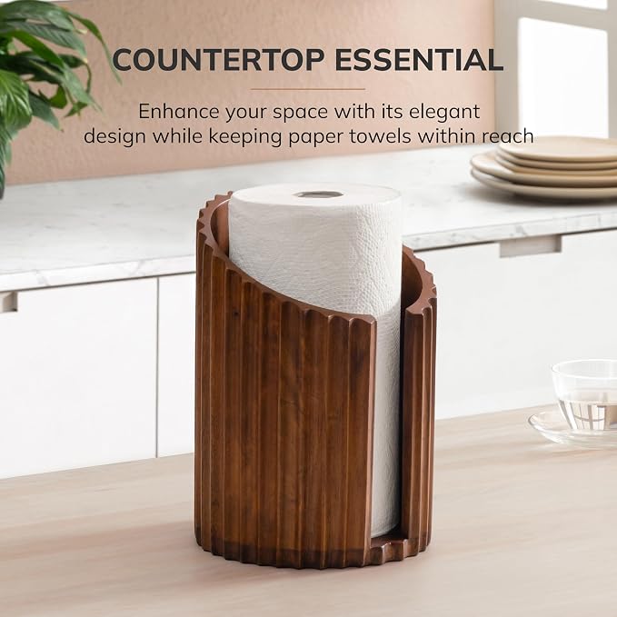 Anji Mountain Wooden Paper Towel Holder with Metal Holder, Holder Stand for Kitchen Roll Organizer & Kitchen Dining Table Home Décor, Countertop Fits Jumbo & Mega Rolls - Walnut/Black, Fluted - Image 6