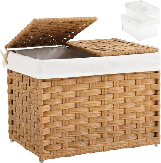 SETVSON Storage Basket with Lid Woven Wicker Baskets, 35L Natural | 9.2 Gallon Storage Bin with 2 Separate Lids, 2 Removable Liner Bags with Divider for Small Clothes, Sturdy Metal Frame by SETVSON