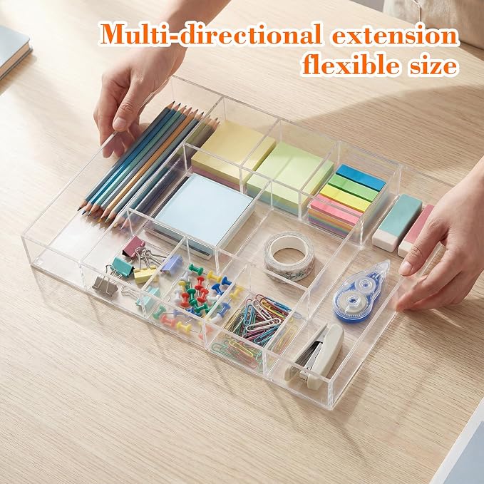 Large Acrylic Desk Deep Drawer Organizer with Adjustable Dividers, Anti-skip Clear Desk Top Junk Drawer Storage Tray for Pens, Desktop, Office, Bathroom, Kitchen, Makeup Supplies(10 Compartments) - Image 3