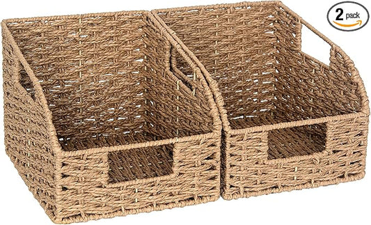 StorageWorks Wicker Baskets for Organizing, Book Baskets, Orange, 2-Pack | Round Paper Rope Pantry Organizers and Storage, Wicker Storage Baskets for Shelves, Baskets for Books, Pantry Storage Baskets by StorageWorks