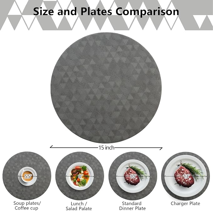 Jovono Upgraded 15" Round Placemats Set of 8, Waterproof & Oil-Proof, Non-Slip Reversible Washable Big Table Mats, Spill-Proof for Kids Families, Restaurant, Hotel, Kitchen, Indoor, Gray - Image 5