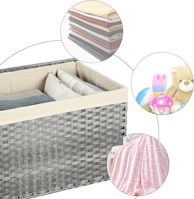 SONGMICS Storage Basket with Lid, Woven Blanket Storage Bin with Handles, Foldable, Removable Liner, Metal Frame, for Bedroom, Laundry Room, 17.2 Gallons (65 L), Gray URST56WG - Image 8