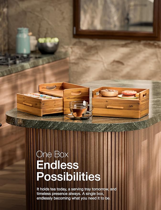 Tinamo Acacia Wooden Tea Box Organizer with Drawer – Tea Chest for Tea Bags Storage – Tea and Coffee Organizer - Wooden Tea Tray and Containers for Countertop Display (Acacia) | Solid Acacia Wood, No assembly, Holds up to 100 tea bags, Non-slip, Smooth... - Image 7