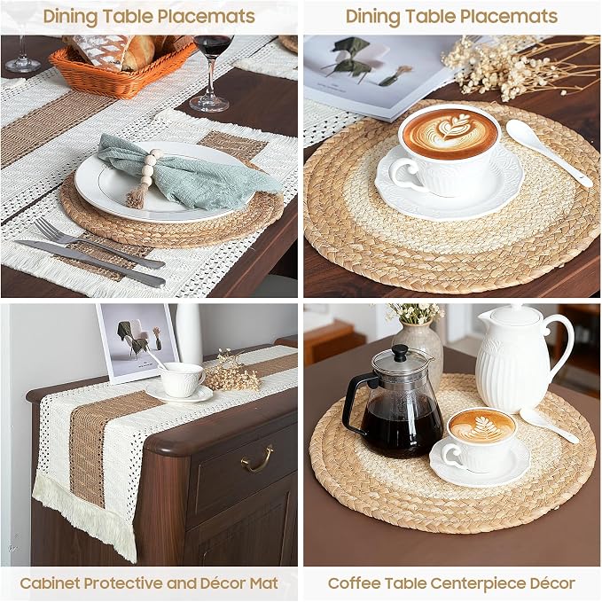Placemats Set of 6 w/Charger Plates Table Mats Table Runner & Napkin Rings | All in One Placemats,Boho Farmhouse Style Heat-Resistant Non-Slip Protective Round Woven Placemats for Dining Table Décor - Image 3