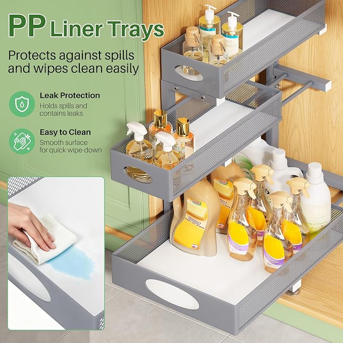 Kitstorack Under Sink Organizer 3-Tier Slide Out Drawer 2-Pack Grey | Height Adjustable, Metal Mesh Storage Rack, Pull out Cabinet Organizer Shelf for Bathroom Kitchen Pantry Home Organization - Image 8