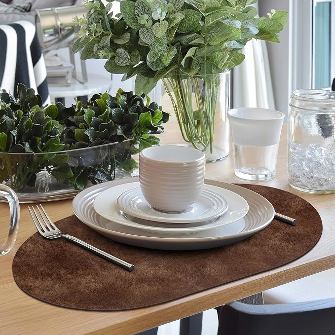 ADRIMER Placemats, Heat Resistant Oval Placemats Set of 4 Washable 12 x 17 Inch, Waterproof Table Mats, Wipeable Pu Place Mats for Kitchen, Dining Room, Brown - Image 6