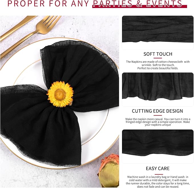 100 Pieces Cloth Napkins Black Dinner Cheesecloth Napkins for Wedding,Wrinkled Cloth Napkins Bulk for Home Party Rustic Table Decoration, 17 x 17 Inch - Image 3