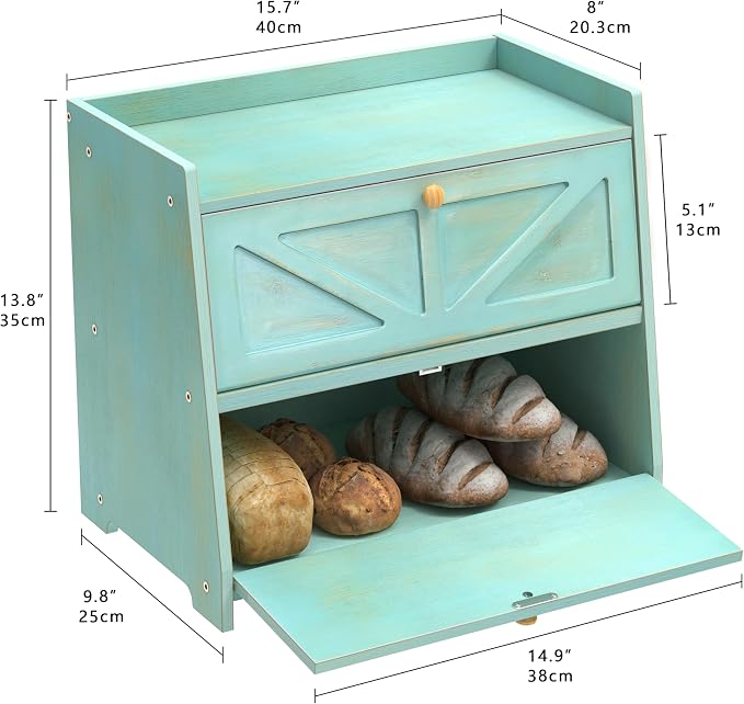 Trironsun Vintage Double Layer Bread Box for Kitchen Counter Bamboo Bread Storage Container Large Capacity Bread Storage Bin (Antique Blue) - Image 5