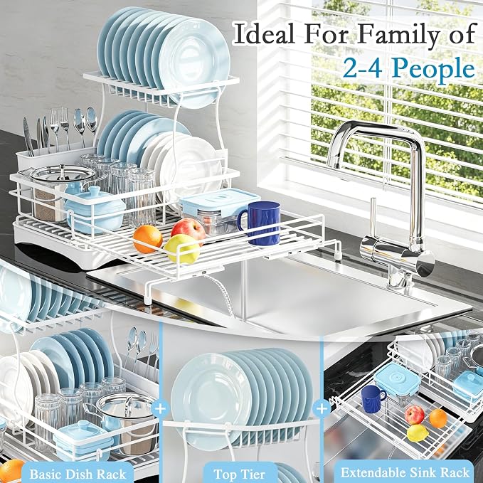 2 Tier Dish Drying Rack, Large Extendable Dish Racks for Kitchen Counter , Dishrack with Drainboard, 2-in-1 Anti-Rust Stainless Steel Dish Drainer with Utensil Holder (White, double of Dish Rack) - Image 2