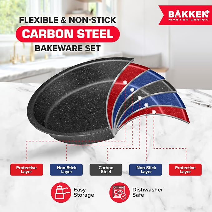 BAKKEN 10-Piece Kitchen Baking Pan Set - Commercial Grade Carbon Steel Bakeware, With Nonstick Coating, Stackable and Space-saving Design, PFOA, PFOS, PTFE Free, Oven Safe (Up To 450°F), Gray Marble - Image 3