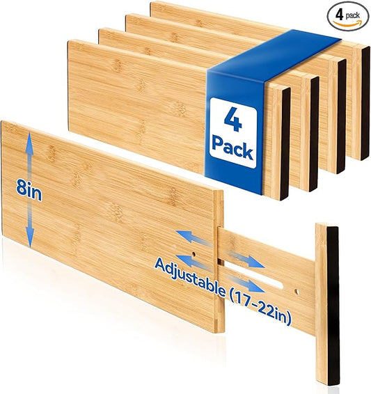 4 Pack 8" Deep Bamboo Drawer Dividers, 17-22" Expandable Kitchen Organizers | Adjustable Spring-Loaded Tension Separators with Foam Pad for Clothes, Utensils, Kitchen, Dresser, Nursery & Bathroom by LeaforyHome