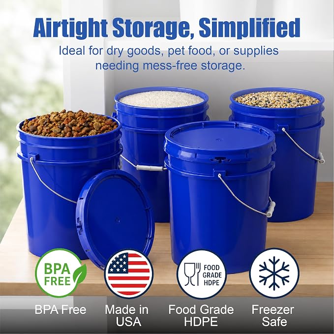5 Gallon Bucket - Food Grade w/Lid BPA-Free,6 Pack - Blue | Airtight Gasketed Tear Strip Lid, Heavy-Duty 90 Mil HDPE Plastic Pail, Bulk Storage, Food Safe Durable Container, Made in USA - Image 2