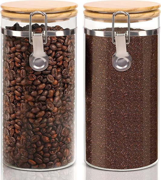 Glass Storage Jars Set Elegant Containers with Airtight Bamboo Lids, Perfect for Kitchen Organization - Flour, Rice, Pasta, Sugar, Coffee Beans, Accessories Included (Coffee Jar x 2) by EQEYBRAND