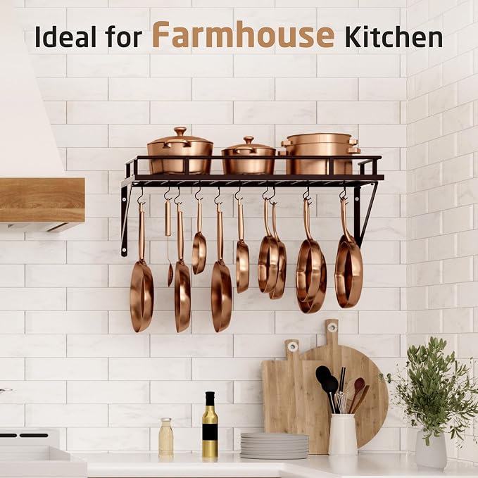 KES 30-Inch Wall Pot Rack, Oil Bronze, 88lb Capacity, 12 Hooks, Farmhouse | Carbon Steel Construction, Reinforced Grid Shelf, Stud Mounting, 12 S-Hooks, Rust-Resistant, Indoor Kitchen Organizer - Image 2