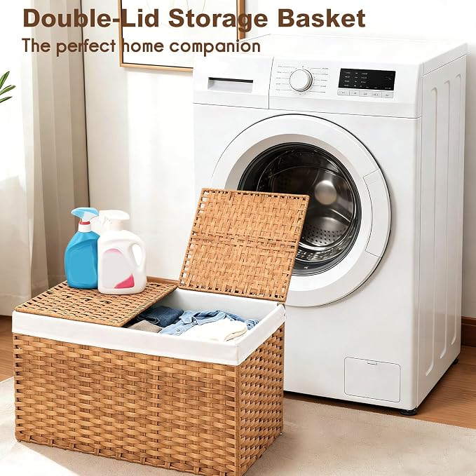 Storage Basket with Lid: Rattan Woven Storage Basket with 2 Separate Lids, 17.2 Gallon (65L), 22 x 13 x 13.8 Inches, Foldable, with 2 Removable Liner Bags & Handles, for Bedroom, Laundry Room, Natural - Image 2