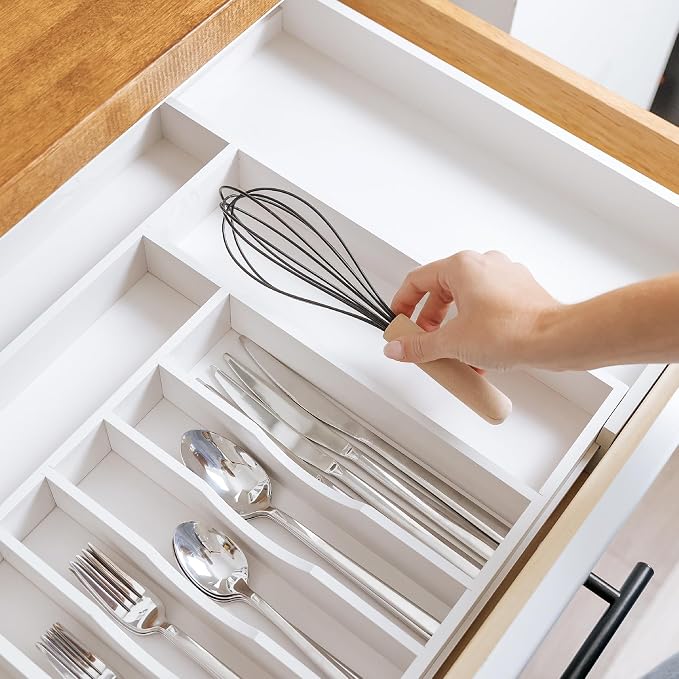 Silverware & Utensil Drawer Organizer, 16-28 in, White Bamboo | Cutlery, flatware, food-safe contract grade, kitchen drawer fit - Image 6