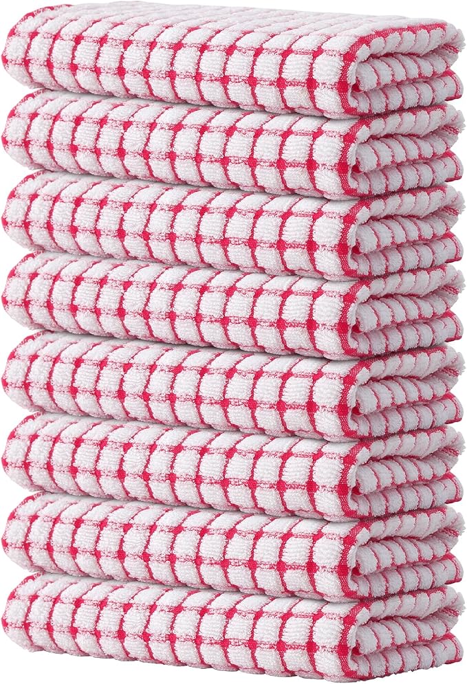 Kitinjoy Cotton 8 Pack Terry Kitchen Towels, Red | 16 x 25 Inches Super Soft and Absorbent Dish Towels, Quick Drying hand towels for kitchen Drying by Kitinjoy
