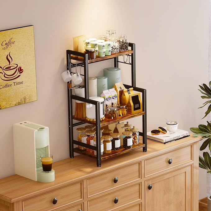 Kitchen Countertop Organizer,3 Tier Large Spice Rack Organizer with Adjustable Shelf and 5 Hooks,Wooden Counter Organizer,Space Saving Countertop Shelf Microwave Stand for Kitchen,Bathroom,Coffee Bar - Image 3