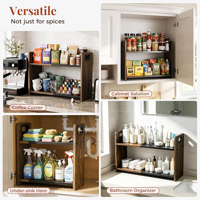 2-Tier Expandable Spice Rack Organizer for Countertop,15.2"-21.5" | Metal & Wood ,Adjustable Height Spice Racks Shelf for Counter Cabinet Coffee Station, Space-saving Kitchen Storage Shelves - Image 6