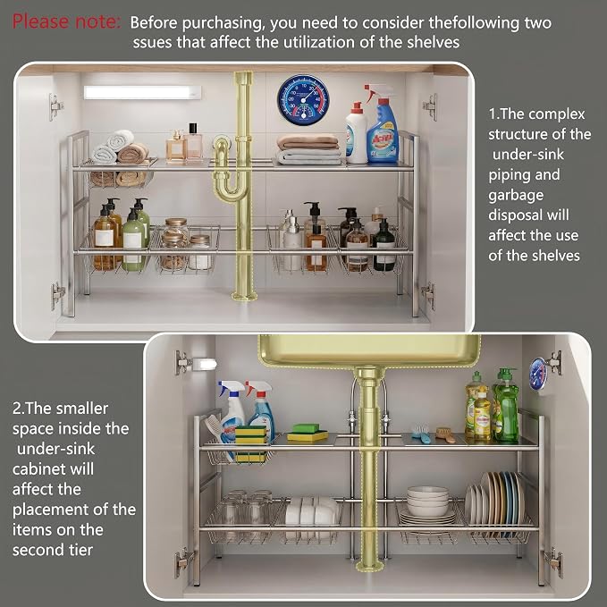 Under-Sink Organizer 2-Tier Expandable Cabinet Storage (5 panels 5baskets) | LED Motion-Sensing Auxiliary Lighting Dial Thermometer Stainless Steel Telescopic & Adjustable Rust-Resistant - Image 4