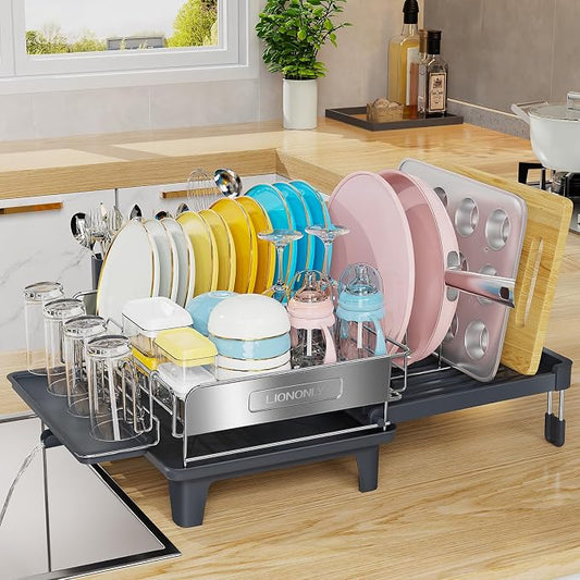 Expandable Dish Drying Rack, Dish Racks for Kitchen Counter, Stainless Steel 304, Flip-Top Retractable Plate, Multi-Directional Adjustable Dish Rack, Space Saving Large Drying Rack Kitchen, Gray by StartYourHomeStorageLife