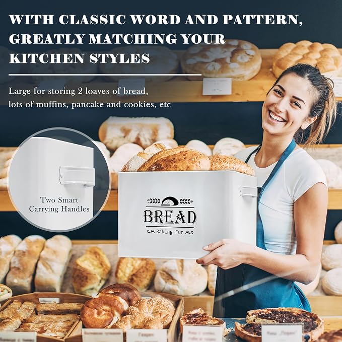 Jolitac Farmhouse Style Bread Box for Kitchen Countertop - Space-Saving Bread Storage Container with Wood Lid | Rustic Vintage Organizer for Small Kitchens & Countertop Gift (12.2”L x7.5”W x8”H) - Image 4