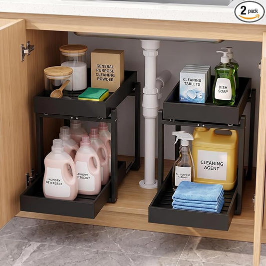MHXW SXPN Bamboo Under Sink Organizer, 2 Pack Pull Out Cabinet Organizer | 2 Tier Vertical Smooth Slide Out Undersink Storage Shelf | Multi-Purpose Organizer Shelves for Kitchen Bathroom Medicine by MHXWSXPN