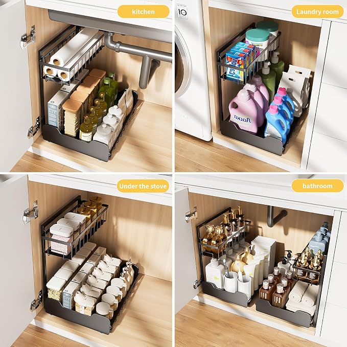 Under Sink Organizer, 2-Tier L-Shaped Pull Out Cabinet Shelf with 2 Installation Methods, Adjustable Sliding Storage Drawer for Kitchen, Bathroom, Laundry, Metal, Black, 2-Pack - Image 8