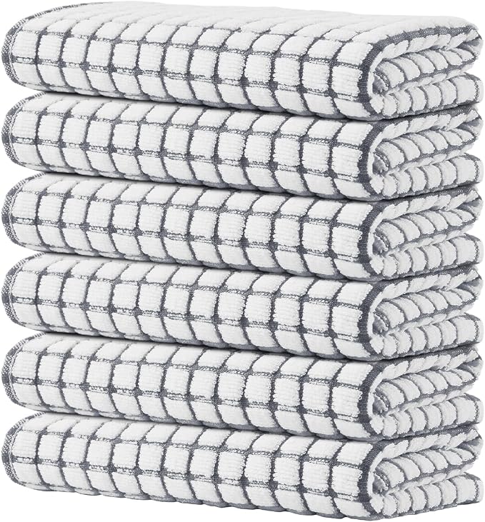 Kitinjoy Cotton 6 Pack Terry Kitchen Towels, Grey | 16 x 25 Inches Super Soft and Absorbent Dish Towels, Quick Drying hand towels for kitchen Drying by Kitinjoy
