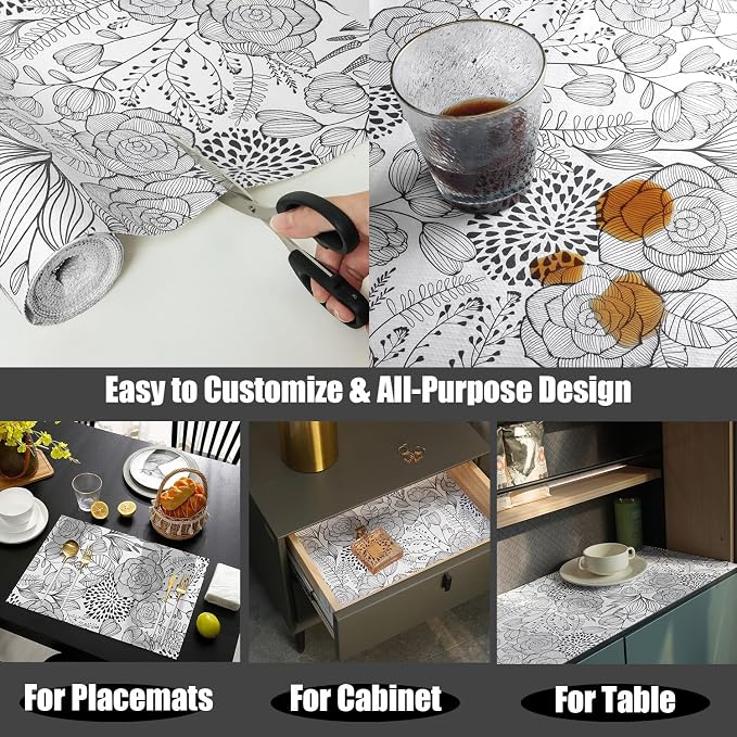 Floral Drawer and Shelf Liner for Kitchen 16IN x 10FT Non-Adhesive | Strong Non-Slip Cabinet Drawer Liners, Waterproof Thickened Shelf Liner,Easy to Clean,Black and White - Image 5