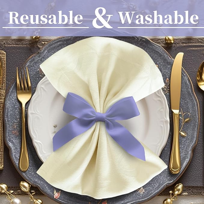Cream Fabric Napkins Pack of 12 (18"x18") - Cotton & Polyester, Wrinkle/Fade Resistant - Dinner Jacquard Napkins Cloth Washable for Banquet, Party & Wedding, Champagne Bows - Image 2