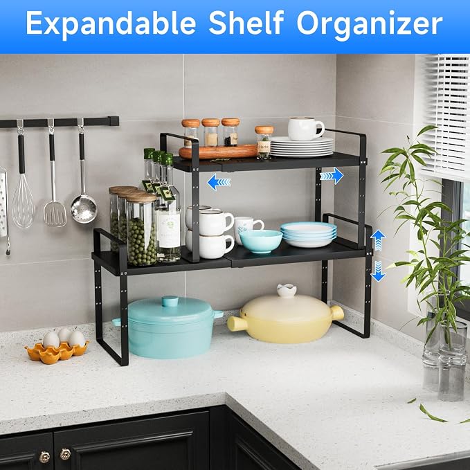 Expandable Cabinet Shelf Organizer, Stackable Kitchen Pantry Counter Storage, Adjustable Closet Cupboard Stand Rack Risers Spice Organization, 80LBS Heavy Duty, Black 3 Pack - Image 3