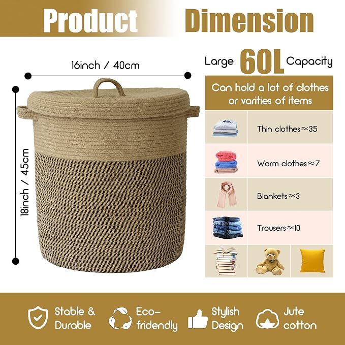 Extra Large Storage Basket with Lid 60L, 16"Wx18"H Woven Laundry Hamper Basket with Handle, Jute Rope Wicker Basket Blankets Pillows Storage in Living Room Baby Nursery, Jute/Black Mix includes Lid - Image 3