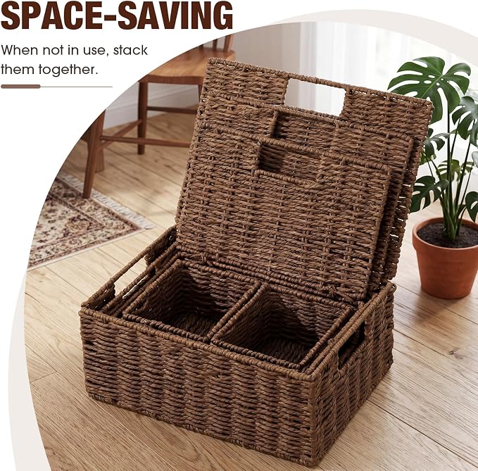 Yookeer 5 Pcs Woven Paper Rope Storage Baskets with Lid and Handles, Brown Large Storage Organizer with Labels, Stackable Rectangular Boho Decorative Baskets for Toys Shelves Bedroom - Image 6