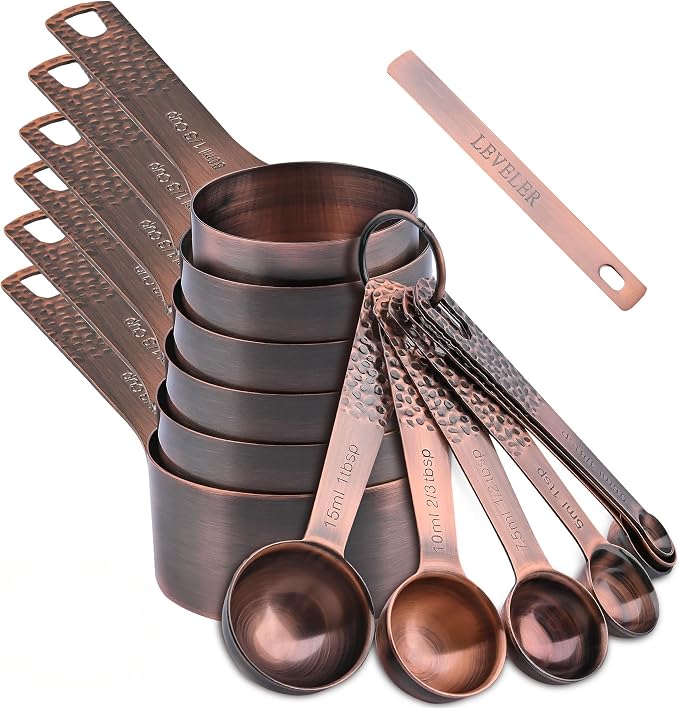 Measuring Cups and Spoons Set 14, Copper Measuring Cups and Spoons Set for Dry & Liquid, Metric & US Stainless Steel 6 Measure Cups and 7 Spoons Set w/Leveler for Kitchen & Baking by Smithcraft